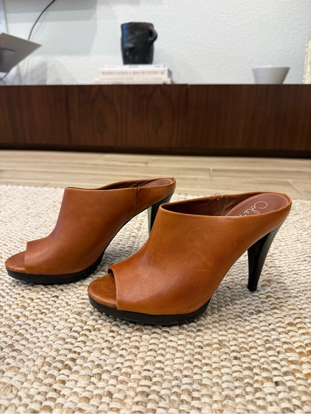 Cole Haan Nike Air Tan Cognac Leather Peep Toe Mules | Size 7.5B